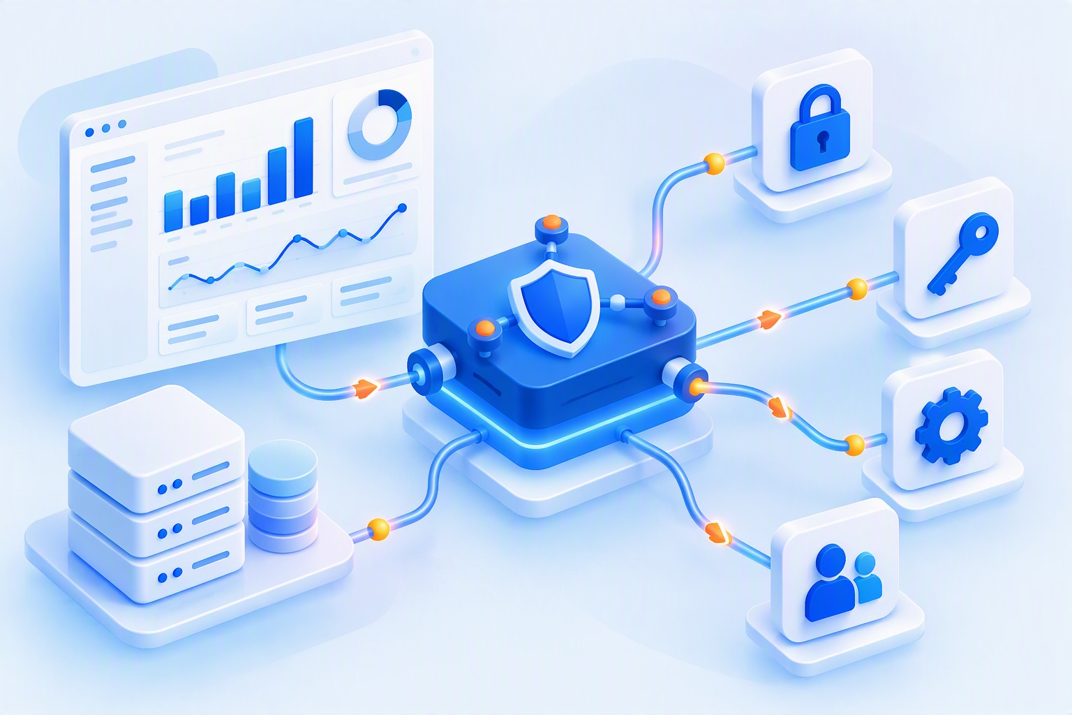 Brama API z tarczą łącząca backend, dashboard analityki, kłódkę, klucz, ustawienia i użytkowników